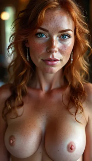(beautiful, curvy, busty 42-year-old MILF, wavy orange-red hair, lots of freckles), (completely naked), deep cleavage, blue eyes, long eyelashes, flirtatious smile, earrings, random view, show from thighs up, natural light, warm soft light, (crowd), onlookers, inside fancy lodge resort, realistic detailed face, realistic detailed hair, realistic detailed body, realistic detailed skin, detailed large round breasts, High, Resolution, More, Details, 8K, but, freckles, luisap, birth, mark, <lora:MJ52:2>, <lora:add-detail-xl:2>, <lora:BUT_SDXL_SHS:.4>, <lora:LPFRECKLES_lora:.9>