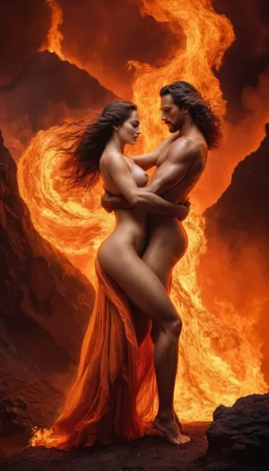 Cinematic, fantasy portrait in the style of Boris Vallejo, two blazing fire gods passionately dance the Tango, wisps of magical fire drape their naked bodies, they dance among blazing volcanos.