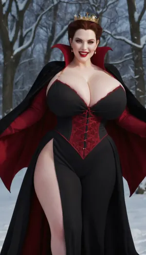 RAW photo of a 30 year old glamour smiling woman, very pale skin, red lipstick, perfect teeth, beautiful face, curvy body, (gigantic breasts, wide hips, thick thighs), (((fully clothed vampire queen))), snow background, masterpiece, best quality, high resolution, 8k uhd, high quality, extremely detailed, ultra high res, <lora:Venus_Body_Alpha:.8>, <lora:milkers_v2:.5>