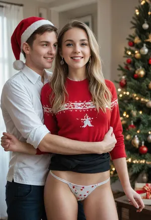 Hetero couple.

Alluring 25 yo caucasian woman. she is skinny, b-cup, very Long blonde hair, square face, high cheekbones, upturned nose, long eyelashes, wide mouth, puffy lower lip, large upturned almond black eyes, blushing, alluring gaze, seductive, eyes wide opened, very long pearl necklace, prominent circular earrings, perfect teeth, slender figure. happy expression, hair up in a bun.

best quality. in her apartment bedroom with a Christmas tree in the background. She is laughing and smiling. She has perfect teeth, slender figure. happy expression. Wearing Christmas sweater, Christmas hat. Her holiday themed, ((printed panties)), are the center of the image. best quality.. break. Boyfriend is handsome. He is standing behind her., skirt, tug, wind, lift, <lora:skirt tug_XL_V1.0:.8>