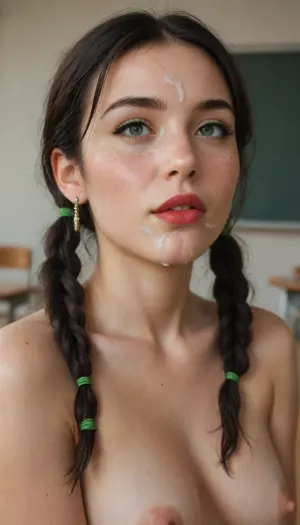 18 year old girl with straight long black hair, pigtails, cum to face, wearing unifotm, nude tits, in the classroom, green eyeliner, cum all over face, freckles, red lipstick, two cocks at the same time