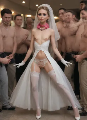(((Close-up photo))), (short torso:1.6), (flat chested:2.6), bride girl in white veil, happy smile, view from behind, half-back view, side view, (bride ballerina), (18 years old:1.5), on the background of the restaurant, standing, (complicated blonde ponytail hairstyle:1.2), (big pearls namisto around neck:1.4), (lace white gloves to shoulders), (white stiletto heels), (very boned legs), (((sexy bride's open erotic mini dress))), (((visible puffy small pussy:1.2))), (crotchless panties:1.6), (cleavage), topless, (((high white stockings))), (transparent crotchless panties:1.2), big grey eyes, ((elegant makeup)), ((skinny)), 1girl, 5 boys, (front view), (dynamic pose), (dancing in the restaurant as a ballerina), (holding up champagne glass in hand), (many people around), (restaurant background), ((random pose)), ((random view angle)), skinny ass show, sharp focus on pussy, full body view from afar distance
