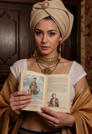 Photorealistic, photorealistic, realistic, {beautiful, oriental in a turban and jewelry, dressed in brocade, with beautiful intelligent eyes, Scheherazade reads fairy tales against the backdrop of an oriental palace! double exposure, (picture in picture), (genie flying out of the lamp), as if flying out of a book, (double exposure), (picture in picture), }, vivid, highly detailed, ultra-realistic, cinematic lighting, 8K