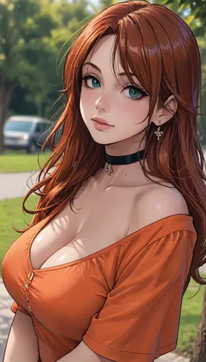 ((Melkor mancin meet markgavatino style)), reiq style, masterpiece, ((1woman, side view, 8k resolution, ultra-detailed, pale skin)), Redhead girl, long hair, wearing circle cleavage orange shirt, (giant round breasts), ((square defined jaw)), make up, at day, park and treed in background, detailed background, bust shot, 10° angle view, Sexy Girl, choker, (Shiny Skin), ratatatat74, <lora:LCMTurboMix_Euler_A_fix:1.1>, <lora:ratatatat74-000050:1.8>, <lora:mk_Bp Anime_xl:1.2>, <lora:焦茶_XL:2>, traditional, media, <lora:Yogisya_XL:.8>