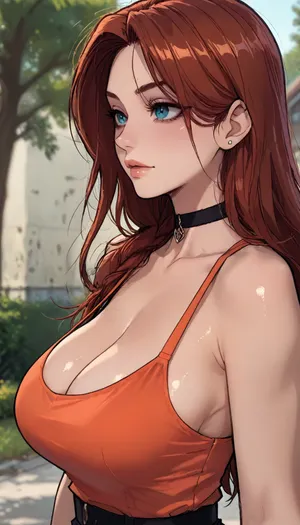 ((Melkor mancin meet markgavatino style)), reiq style, masterpiece, ((1woman, side view, 8k resolution, ultra-detailed, pale skin)), Redhead girl, long hair, wearing circle cleavage orange shirt, (giant round breasts), ((square defined jaw)), make up, at day, park and treed in background, detailed background, bust shot, 10° angle view, close up, Sexy Girl, choker, (Shiny Skin), ratatatat74, <lora:LCMTurboMix_Euler_A_fix:1.1>, <lora:ratatatat74-000050:1.8>, <lora:mk_Bp Anime_xl:1.2>, <lora:merratatustle_illustrious_v1_vpred:1.7>, <lora:焦茶_XL:2>