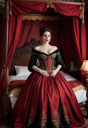 (Gothic aristocrat), very pale skin, Confident smirking 30 year old, luxurious red silk bedsheets, dark gloomy haunted castle bedroom, (victorian era noblewoman in black ballgown dress with red and gold embroidery, standing in front of bed), medieval era mansion bedroom, ((wooden canopy bed with red and golden accents bed curtains)), pitch black hair in a hair bun, arms crossed under breasts, many many pillows, embroidered ball gown, hourglass ballgown, wasp waist, white fur shawl, (Hyper breasts, top heavy, huge breasts, hyper tits, gigantic tits)