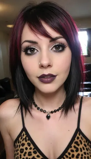 (beautiful emo woman age 30:1.8), looks so trashy in high tight leopard print dress with a plunging neck line, she just wants to find a stranger to fuck tonight and she knows she will succeed, very beautiful face, slim fit body, very confident and sexy, she knows what she wants and how to get it, she is a wild one, sexual urges, sometime you have to be bad to get what you want, wicked smile, dark eyeline, dark lipstick, busty, slim waist, posing before her night out