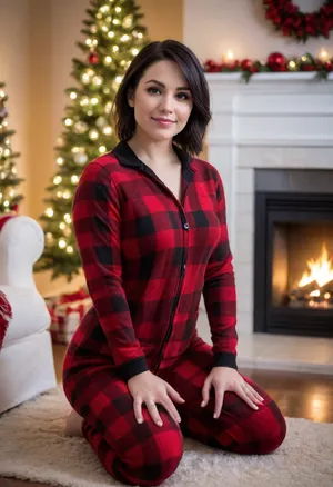A photorealistic portrait of a young woman kneeling from the back. Wearing a figure-hugging, red and black buffalo plaid pajama onesie that accentuates a curvy, hourglass physique, styled with a short, sharp black bob hairstyle. Set in a cozy Christmas living room, with a decorated fireplace and a brightly lit Christmas tree in the background. Captured with warm, soft diffused lighting from the fireplace, creating a peaceful, intimate mood. Shot as a low-angle medium shot, using a shallow depth of field, with cinematic composition.