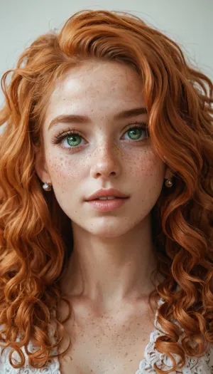 ginger, 35 years old, green eyes, pronounced cheeks, long curly hair, freckles
