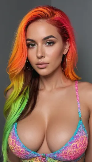(Masterpiece), hyperrealistic render of a 25 years old woman, (luxurious_baddie:1.25), (intricate), ((glowing fluorescent color pallet)), (full body view, most of body in view), (looking at viewer), the most beautiful woman, perfect_skin, multicolored hair with multicolored_streaks, long hair, beautiful model face, detailed realistic face, pointy chin, puffy lips, detailed eyes, large perky natural breasts, ((focus on generating perfectly sculpted breasts)), firm tits, cleavage, perfect nipple placement, (nipple symmetry), semi_toned, slender, athletic_curvy, hourglass figure, highly detailed, intricate details, (best, quality), well-proportioned, intricate small partial_hair_braid, (amazing, curves), (photorealistic), natural, beauty, glowing, fluorescent, fluxenh4nce, ARW, detailxl, <lora:FLUXEnh4nce:2>, <lora:SDXL LoRA ARW Color palette:2>, <lora:Misses91:2>