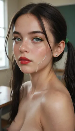 18 year old girl with straight long black hair, pigtails, cum to face, wearing unifotm, nude tits, in the classroom, green eyeliner, cum all over face, freckles, red lipstick, two cocks at the same time