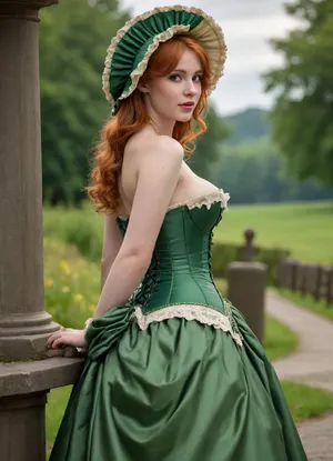 college age, 1 woman, beautiful, (perfect face), detailed, full body shot, looking over shoulder, side view, scenic view, open green detailed corset, exposed naked large breasts, ginger hair, grinning, licking lips, cleavage, photorealistic, 4k, highly detailed, (wearing a bonnet), parlour, (bustle), (long dress), full body, green dress, csch1ffer, bangs, blunt_bangs, long_hair