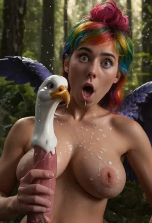 HD, sharp focus, 4k epic detail, score_9, score_8_up, hyper realistic, tiny Tinkerbell hugging a giant dick, (massive cock:1.8), (surprised expression:1.4), tiny Tinkerbell covered in cum, ((cum covered:1.9)), excessive cum, naked, round perky boobs, large tits, (big tits:1.3), rainbow colored hair, fairy wings, 1st person POV, forest setting, big eyes, perfect_eyes