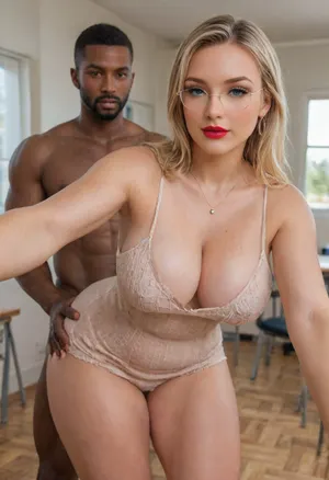 (Photorealistic masterpiece, best quality), (((interracial couple sex performance for cuckold husband viewer))), ., 1woman, fully clothed, (beautiful:1.8), sexy 40yo, blonde, French, (curvy:1.7), ultra-wide hips, thick thighs, big bubble butt, legs apart, soft skin, detailed asymmetrical face, pleased expression, satisfied look, bright blue eyes, long natural eyelashes, no skin blemishes, sexy big glasses, perfect heavy makeup, red lipstick, perfect covered breasts, (natural, medium, soft, teardrop breasts hidden inside clothing), protruding nipples, perfect detailed hands, red nails, (diamond sparkling ring), wearing a short sweater-dress. Standing, bent forward, leaning forward, arm outstretched taking selfie, looking at the viewer, standing doggystyle sex, (fucked from behind), by 1man, Black African, naked, perfect detailed eyes, brown eyes, tall, (extremely muscular:1.4), standing, fucking her pussy, looking over her shoulder at the viewer, male model face, attractive, modern male hairstyle, detailed masculine hands, his hands are groping her hips. Classroom setting, desk, bright window, soft natural lighting, bright windows in classroom, extreme close-up view, selfie, Captured with a Leica M10, Leica Summilux 50mm f/1.4 lens, sharp focus, score_9, score_8_up, 8K, UHD, clear image, extremely sharp, extremely detailed, extremely intricate detail, high res, ultra-high-definition, highly detailed, ultra-sharp textures, finely detailed, perfect skin texture, hyperrealistic lighting, professional photography, full dynamic range, deep contrast, high clarity, realistic depth of field, HDR, perfect exposure, smooth gradients, volumetric lighting, natural reflections, ultra-fine details, realistic skin pores, individual hair strands, bokeh, soft shadows, color-graded, natural dynamic reflections, captured with award-winning camera, hyperdetailed, photo realistic, hyper realism, key visual, intricate detail, vibrant, exciting, lots of shadows, romantic, masterpiece, knitted, sweater, dress, tight, <lora:WildcardX-XL-Detail-Enhancer:1.5>, <lora:attractive_notrigger:1.5>, <lora:BT_Knitted_Sweater_Dress_XL:.8>, <lora:cece_sdxl:1.5>, <lora:Instagram_Selfie_SDXL:1.5>