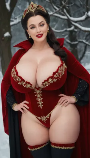 RAW photo of a 30 year old glamour smiling woman, very pale skin, red lipstick, perfect teeth, beautiful face, curvy body, (gigantic breasts, wide hips, thick thighs), (((Alcina Dimitrescu costume))), snow background, masterpiece, best quality, high resolution, 8k uhd, high quality, extremely detailed, ultra high res, <lora:Venus_Body_Alpha:.8>, <lora:milkers_v2:.5>