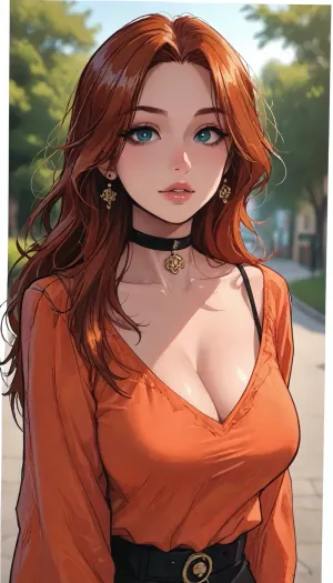 ((Melkor mancin meet markgavatino style)), reiq style, masterpiece, ((1woman, side view, 8k resolution, ultra-detailed, pale skin)), Redhead girl, long hair, wearing circle cleavage orange shirt, (giant round breasts), ((square defined jaw)), make up, at day, park and treed in background, detailed background, bust shot, 10° angle view, Sexy Girl, choker, (Shiny Skin), ratatatat74, traditional, media, SamDoesArts, <lora:LCMTurboMix_Euler_A_fix:1.1>, <lora:ratatatat74-000050:1.8>, <lora:mk_Bp Anime_xl:1.2>, <lora:Yogisya_XL:1.7>, <lora:SDXLSamDoesArts:1.9>