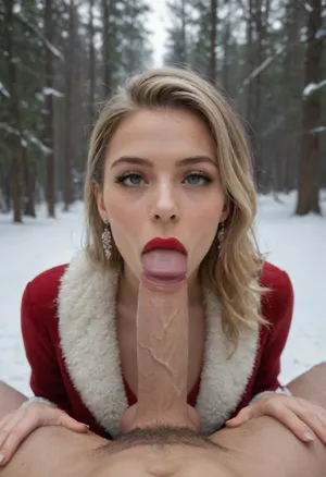 1 man, 1 woman, explicit, oral sex, Elegant cinematic portrait of a 49-year-old blonde woman, visually graceful aging, refined vintage hairstyle, super-glam makeup with smoky eyes, bold eyeliner, long lashes, sculpted cheekbones, deep red lipstick, wearing a luxurious brown fur coat over a fitted red dress, sheer black stockings, sitting on a wooden log in a snowy landscape, winter forest backdrop, soft falling snow, cold misty air, deep-throat man’s penis, balls deep, choking, bulging eyes, man, contrast of luxury and wilderness, cinematic winter, lighting, shallow depth of field, realistic textures, subtle film grain, photorealistic editorial fashion, pov, BlowjobTopofHeadPOVQuiron, pose, blowjob, penis, woman, with, a, in, her, mouth, <lora:SDXL1.0_quiron_BlowjobTopofHeadPOV_V4.1mx_lora:.8>