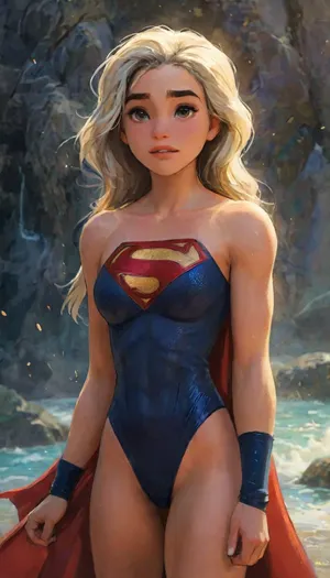 Supergirl lands on the isolated island nation of Themyscira, DCEU, Supergirl, rha3, woman, targaryan, <lora:rhaenyra young - rha3 woman sdxl:1>, <lora:detailed_notrigger:2>, <lora:samdoesarts1.1-000030:.4>, <lora:J_cartoon:.3>, <lora:Animated_Concept:.4>