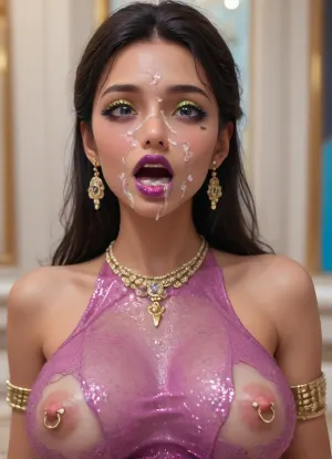 (high-quality facial detail:1.3), Indian sexy beautiful girl, (blue eyes:1.3), ((bimbo makeup, intense saturated glossy purple lipstick:1.2)), (Indian face:1.9), ((makeup:1.8), long blue eyelashes, olive eyeshadow with glitter), (lips:1.2), open mouth, saliva, in a transparent tight-fitting sequined dress, (pink-purple areoles are visible, nipples with piercings), an exquisite necklace and gold bracelets, (purple anus stretched around dildo), mid ejaculation, (penetration), she has long hair tied up in a bun, (purple pussy:1.7), nipple ringsnipple, (purple puffy anus:1.5), nipple ringsnipple rings, pussy view, slit pussy, slender long legs with a high waist, fishnet stockings, green stilettos, seductive grins, dark skin., (cum in mouth:1.3), (heavy pussy piercing:1.7), There is a lot of cum on the pubic area of the anus, <lora:ThiccAndCute:2>, <lora:EnvyBeautyMixXL02:.8>