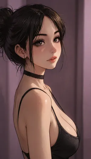 ((melkor mancin style)), markgavatino style, masterpiece, (1woman, side view, 8k resolution, ultra-detailed), looking at viewer, bust close up, wearing choker conected to one piece leather swimsuit, dark purple background, side view, big ass, aryan, plump black lips, chocker, big breasts, realistic face, beautiful black hair, goth makeup, beautiful face, high bun hairstyle with fringe, seductive face, nude, hot e, mid shot, ratatatat74, jtcstyle, samdoesarts, by, <lora:LCMTurboMix_Euler_A_fix:.6>, <lora:ratatatat74-000050:1.1>, <lora:加藤彩style:1.8>, <lora:samdoesarts1.1-000030:1.6>, <lora:outline_xl_kohaku_delta_spv5x:1.8>