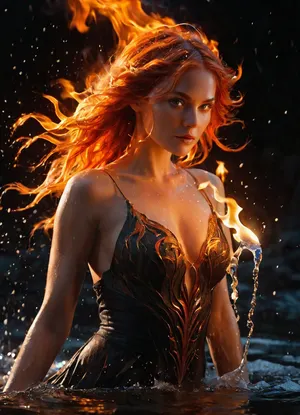 A powerful elemental witch with a striking theme of duality, her left side engulfed in blazing fire and her right side flowing with icy water. Her intense gaze radiates determination and mystique as flames swirl from one hand while cascading water bursts from the other. Her hair blends seamlessly between burning embers and crystalline droplets, glowing with magical energy. The background is a dark and misty atmosphere with contrasting warm orange firelight and a hyper-realistic fantasy portrait, dramatic lighting, cinematic style, ultra-detailed textures, 8K resolution., ice, and, water, ring, <lora:xl0918ice-water:.8>, fiery, aura, <lora:Fiery_aura_XL_-_Burning_passion:.8>