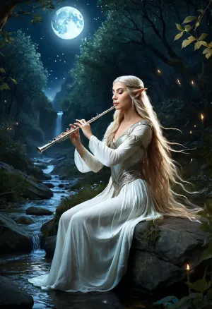 Fantasy art, elven musician, with flowing hair, leaves flying around, playing a silver transverse flute by a moonlit stream, calm expression, long loose hair, soft ethereal lighting, digital painting, detail