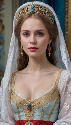 Portrait of a Russian beauty in national costume, lace filigree of bright, rich color. Super clear, highly detailed watercolor, glaze technique, plus colored alcohol ink, style of V. Vasnetsov, braless, Wearing, clothes, that, make, sense, with, Braless>, <lora:bralessSDXL_v1_00022:.8>