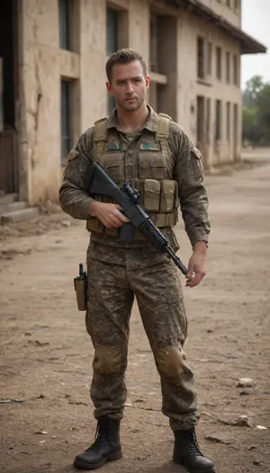 Award-winning war photograph, long shot of a soldier in camouflage uniform, chest rig with spare magazines, combat boots. He stands before a ruined lost Building in Africa, upright, half turned toward the lens, intense gaze at the camera. Right foot forward, M5 rifle held loosely in right hand, left thumb hooked behind the belt. Cinematic light shafts, sharp detail, dust particles, muted colors, timeless war photojournalism aesthetic.