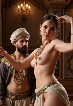 Photorealism, photorealistic, realistic, {beautiful, oriental Scheherazade, with beautiful eyes, bare-breasted, wearing rich oriental jewelry made of precious stones, an oriental headdress, shalwar pants with a massive belt, dancing smoothly for an oriental king with a beard, dressed in oriental robes and a turban, looking at her from the side, dynamic dance movements, in an oriental palace, fairy-tale atmosphere}, lifelike, highly detailed, ultra-realistic, cinematic lighting, 8K