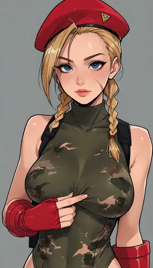 ((Melkor mancin meet markgavatino style)), reiq style, masterpiece, ((1woman, 8k resolution, ultra-detailed)), simple background, facing viewer, big breasts, cammy, white, twin, braids, long, hair, blonde, antenna, beret, blue, eyes, scar, on, cheek, large, breasts, green, leotard, sleeveless, red, gloves, fingerless, camouflage, garrison, cap, headwear, yellow, Sexy Girl, (Shiny Skin), ratatatat74, SamDoesArts, <lora:LCMTurboMix_Euler_A_fix:1.1>, <lora:ratatatat74-000050:1.8>, <lora:mk_Bp Anime_xl:1.2>, <lora:焦茶_XL:2>, <lora:SDXLSamDoesArts:1.6>