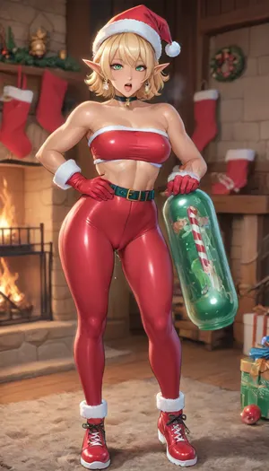 (reiq art style, masterpiece art style:1.1), (beautiful muscular mito ikumi from shokugeki no souma:1.6), green eyes, blonde hair, short hair. tan-skinned, (gyaru skin:1.4), 1girl, solo, alone, muscular arms, sexy figure, and wide hips. muscular legs, thick thighs, round ass, (muscular body), (lustful face), (Christmas), (fireplace), (workout posed:1.3), (dripping droll sucking a Christmas candy cane in open mouth:1.3), (right hand on gripping hip:1.3), (Christmas elf hat costume:1.3), (tight Christmas elf tube top costume:1.5), (combat gear pantyhose:1.3), (Christmas elf Mini Hot Pants costume:1.3), (Christmas elf gloves:1.3), (Christmas elf shoes costume:1.3), (camel toe:1.3), (sweaty dripping heavily off over body:1.3), (see heat coming off body), (cum dripping coming excessive out:1.3), hardcore, perfect fingers, A masterpiece of the highest quality, the work of a real master, bouncing breasts, bouncing ass, seductive, seductive eyes, black choker, steam, sweat, full body view, <lora:cartoon_stickers_xl_v1:.1>, <lora:hentai_anime_style_xl_v1:1.2>