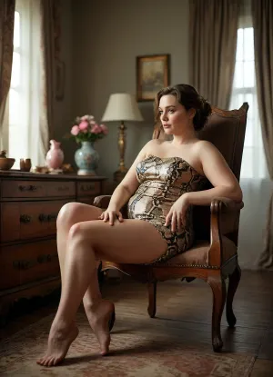 The image depicts a curvy, mature woman sitting on a chair. She is wearing a snakeskin-print dress, one shoulder off-centre. Her legs are bare and outstretched, revealing a hairy vagina. A man sits next to her, giving her a foot massage.

The man is shirtless, wearing trousers. A penis is visible. A watch is visible on his left hand. He is caressing the woman's bare leg.
Behind the woman on the chair is a blue curtain and a pink pillow. To the right of them is a wooden chest of drawers, on which lie decorative objects, including a candlestick and various vases., (Dynamic pose:1.5), . A gray curtain is visible in the background., cowgirlfeetup, <lora:MJ52:.8>, <lora:EvanRachelWoodBYMakeThemComeAliveAiArt:.8>, <lora:Chubby BBW - XL:.8>, <lora:CowgirlFeetUp:.8>