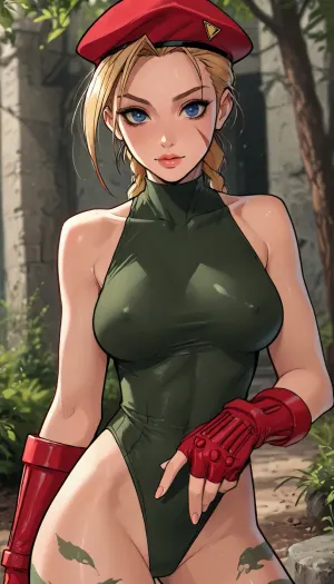 ((Melkor mancin meet markgavatino style)), reiq style, masterpiece, ((1woman, 8k resolution, ultra-detailed)), simple forest background, solo, facing horizon, big breasts, ((cammy white)), long, hair, blonde, antenna, beret, blue, eyes, scar, on, cheek, large, breasts, green, leotard, sleeveless, red, gloves, fingerless, camouflage, garrison, cap, headwear, yellow, Sexy Girl, (Shiny Skin), ratatatat74, SamDoesArts, <lora:LCMTurboMix_Euler_A_fix:1.1>, <lora:ratatatat74-000050:1.8>, <lora:mk_Bp Anime_xl:1.2>, <lora:焦茶_XL:2>, <lora:SDXLSamDoesArts:1.6>