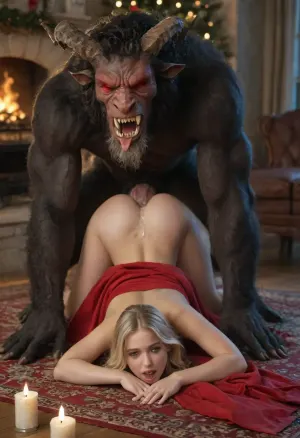 In a magnificent baroque palace, a young woman, (blonde hair, wearing a red blindfold tied around her head, mouth open very wide, drooling, red dress with white fur trim, cum exploding from her pussy), kneels near the Christmas tree. Ass up face down. A monster, (German Krampus, horns on his head, huge cock), is fucking her from behind. Warm light, (fireplace and candles, broken window), View from the side, (full bodies)