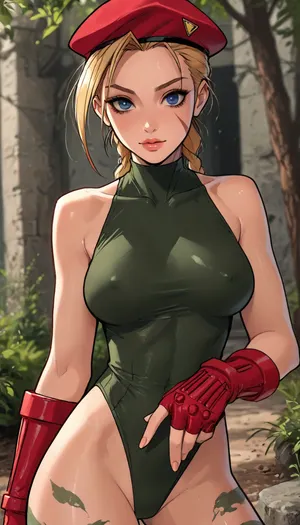 ((Melkor mancin meet markgavatino style)), reiq style, masterpiece, ((1woman, 8k resolution, ultra-detailed)), simple forest background, solo, facing horizon, big breasts, ((cammy white)), long, hair, blonde, antenna, beret, blue, eyes, scar, on, cheek, large, breasts, green, leotard, sleeveless, red, gloves, fingerless, camouflage, garrison, cap, headwear, yellow, Sexy Girl, (Shiny Skin), ratatatat74, SamDoesArts, <lora:LCMTurboMix_Euler_A_fix:1.1>, <lora:ratatatat74-000050:1.8>, <lora:mk_Bp Anime_xl:1.2>, <lora:焦茶_XL:2>, <lora:SDXLSamDoesArts:1.6>