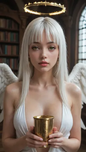 medium, A girl drinking from a, (Gold cup), in a library in a white marble temple. BREAK., (She is a Extremely beautiful 19 y.o. caucasian girl Kalade. She has sweet angel face, ((shiny long white hair with, (hair bangs))), very thin eyebrows, golden eyes, medium breasts, big angel wings), . She is wearing a white túnica, plunging neckline, holy halo. extremely perfect face, detailed eyes, stunning beauty, photorealistic, HD, 4k, masterpiece, expressive eyes, illuminated eyes. She has a powerful expression.