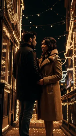 a man and a woman are looking at a display of lights, cinematic, 8k, professional photography, <lora:Vibrant_Movies:.5>