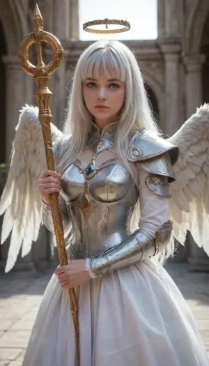 medium, A girl wielding a Golden scepter, outside a white marble palace in heaven. BREAK., (She is a Extremely beautiful 19 y.o. caucasian girl Kalade. She has sweet angel face, ((shiny long white hair with, (hair bangs))), very thin eyebrows, golden eyes, medium breasts, big angel wings), . She is wearing a silver plate armor with white clothes, holy halo. extremely perfect face, detailed eyes, stunning beauty, photorealistic, HD, 4k, masterpiece, expressive eyes, illuminated eyes. Challenge face.