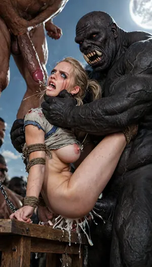 (jaina proudmoore from warcraft), slender, glowing blue eyes, long white hair, ghostly aura, large pointy breasts, (small nipples), (angry:1.7), (mascara tears), (wide eyes:1.2), ripped clothes, amazon, giant, fur barbarian armor, bloody, blood spatter, bear, bear heart, (in a bloody filed after a battle, white full moon in the sky:1.4), ((analrape spitroast)), ((large cock in mouth:1.12)), (cum explosion from mouth:1.125), shocked, deep anal penetration, (man is choking her from behind:1.2), cinematic_lighting, blush, ((gangbang_rape, doubleanal_rape, arms_behind_head, nsfw:1.24)), ((hogtied, bound with large chains, tied to a torture table:1.3)), cock in mouth, (brutal face fuck), Blowjob, (tears in eyes:1.5), (running makeup), (cum drips from nose:1.3), ultra hd, photorealistic, hyper gigantic large black cock in mouth, (((hyper gigantic large black cock in mouth:1.12))), oral cream pie, hair grab, sad, sad crying, tongue out, gasping for air, gangbang, double anal penetration, anal spitroast, groupsex, deepthroat, (4 gigantic African black brute thug, huge trunklike arms, huge head, hyper muscular body, dressed in slave clothes:1.32), ((hogtied, bound for sex, tied up)), (eyes wide open in horror:1.72), (wide mouth spreader:1.8), (pleading expression:1.56), (terrified:1.48), (crying:1.48), (fear and panic:1.56), (hands pulling nipples hyper hard:1.12), nipple clamps, Uber realistic, 8k, ultra detailed, masterpiece, arched back, detailxl, 35mm photograph, film, professional, 4k, 1girl, 5 boys, hdr, photographic, ultra realistic, ultra high details, back light, gargantuan black cocks, anal sex expansion, large hyper muscular fat old men, (double anal sex), swollen white veiny cocks, (double anal penetration), hardcore double penetration, proper physics, big white cocks, muscular white double anal gangbang, (forceful penetrations), extremely graphic, shocked expression, beautiful hands, massive cum in ass, defeating a woman in combat, fighting, killing, blood, winning fight, magazine cover, Realism_Quality_2xx_By_Stable_Yogi, score_9, score_8_up, score_7_up, (((very pretty face:1.3))), (((extremely ultra detailed face:1.3))), perfect fingers and hands, (very high view angle:1.7), (extreme size difference:1.12), 4k extremely graphic, high detail, porn photoshoot, (eyes wide open in horror:1.44), (wide mouth spreader:1.5), (terrified:1.44), (crying:1.85), UHD 8K, (full body photograph:1.1), (whip marks:1.44), (whipped tits:1.44), professional photograph shot on kodak, 35mm photo, sharp focus, high budget, cinemascope, 100 mm lens, 1/250 s, f/2.8, ISO 300, <lora:LCMTurboMix_Euler_A_fix:2>, <lora:JuggerCineXL2:2>, <lora:detailed_notrigger:2>, <lora:photorealistic_portrait_notrigger:2>