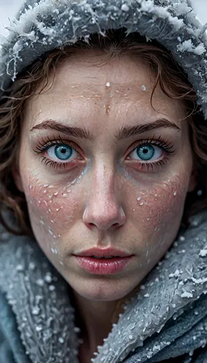 A hyper-realistic close-up portrait of a mysterious frostbound woman, icy blue glowing eyes, snow crystals shimmering on her skin, frost-dusted eyelashes, cracked frozen textures across her face, loose strands of hair trapped in ice, dramatic cold lighting, ethereal winter atmosphere, swirling snow particles in foreground, ultra-detailed skin pores and freckles, soft pink lips contrasting the cold tones, cinematic depth of field, 8K resolution, photorealistic, dark Arctic ambience, high-contrast icy blue color palette, sharp focus on eyes, moody and dramatic film lighting, atmospheric realism, award-winning fantasy photography style., Italian 28 years old short woman. Height 167 centimeters. Weight 59 kilos. Dark brunette short curly haircut. Small Bell asimetric 8K resolution, soft glow, high contrast, teal, (dynamic pose), (dynamic angle), (random view angle:1), (random pose:1.12), (dynamic view), (random view:1.12), <lora:LCMTurboMix_Euler_A_fix:1.7>, <lora:detailed_notrigger:1.7>, <lora:JuggerCineXL2:1.6>, <lora:CinematicStyle_v1:1.7>