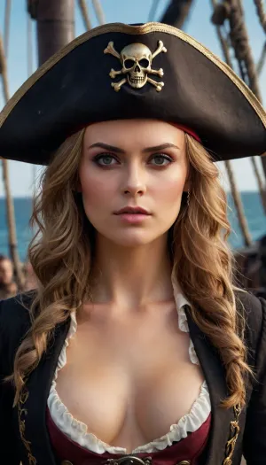 ((Elizabeth swann)), Pirates of the carribean, (skull pirate hat and eye patch), hyper realistic face, detailed face, female pirate queen, hero view, action pose, extremely beautiful detailed piercing eyes, cinematic scene, scenery, detailed background, masterpiece, best quality, high quality, absurdres, very detailed, high resolution, sharp, sharp image, 8k, vivid, colorful, pir4t4, <lora:sdxl_pirate-v7:.8>