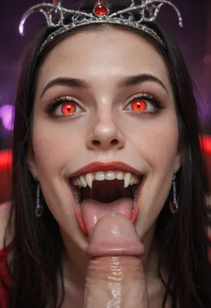 hyper detailed hyper realistic natural petite cutie, 22 years old beautiful vampire queen, (very slim), nightclub, very detailed face, white teeth, white vampire teeth, vampire fangs, pale woman with black hair, Vampire Queen sucks penis, crazy evil face, close up, red eyes, shining red eyes, creepy red glowing eyes, (((very long vampiric fangs))), crazy laugh, crazy face, luxurious tiara in the style of dark fantasy, Vampire fangs, symmetrical epic fantasy art, dark fantasy, big mouth, Wide open mouth, purple lights, neon, colorful, high detail, impeccable image quality, Evil laugh, evil grin, raised eyebrows, ultrarealism, cockbiting, a lot of cum, facial, mouth full of cum, biting shaft, vampirebiting, 1girl, big penis, hetero, 1boy, fellatio, oral, solo, focus, pov, fangs, cum, sperm, huge cum, lot of cum on body, cum on here, Pale skin, almost white skin, red cheeks, very pale skin