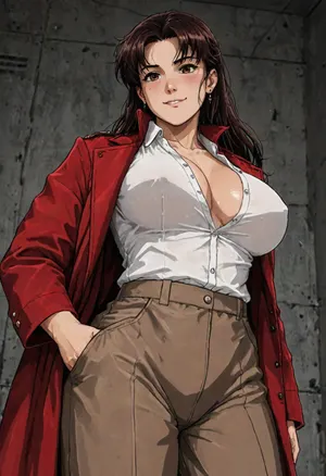 (Misato Katsuragi), (markgavatino style:1.3), (null art style:1.3), 24 years old, slim body, shiny red hairs, smirk, stand, giant breasts under white shirt, round hip, (long coat well dressed and buttoned:1.2), red coat, below and side view, <lora:LCMTurboMix_Euler_A_fix:.6>