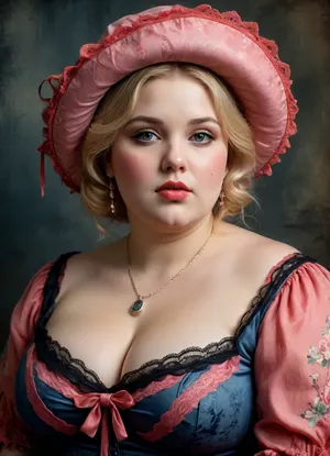 Portrait, close-up, 8k, RGB, HDR, oil paints, watercolors, bright saturated colors, Anna Razumovskaya, Jarek Kubicki, Aleksi Brilo, Darek Zabrotsky, Sakimichan, Loisch, Aminola Rezai, photo RAW, black, dark red, (massive bust), Mixed media collage., (chubby beautiful face), ., ((Obese plumper woman:1.3)), wide cheekbones, wide jawline, Calligraphy, gouache wash, pen sketch, thin lines, vintage illustration style. Black, white, coral pink, red, blonde hair, beautiful patterns, ral-melting, whdbd, blue, dress, flirting with viewer, jewelry, necklace, bonnet, long, sleeves, bow, lace, trim, frills, pantyhose, <lora:ral-melting-sdxl:.5>, <lora:whdbd XL:.8>