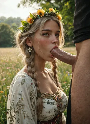 score_9, score_8_up, score_7_up, score_6_up, A traditional Slavic dress with intricate embroidery in red, white, and gold patterns. The outfit includes a long, flowing skirt, a richly decorated blouse with wide sleeves, and a woven belt with geometric designs. The dress is adorned with fine details, such as lace and beadwork. She is wearing a flower crown made of wildflowers and ribbons flowing down her back. The style reflects ancient Slavic culture, with natural materials and bright, vibrant colors, 1girl, 1man, Slavic, blonde, lush hair, curvy braids, beatiful face, blush on the face, braight gray eyes, white tradithional slavic shirt, (in an endless field of wheat), sunlight, detailed background, kinemographic environment, high resolution, blowjob, drool, (erotic:.5), <lora:igbaddie-XL:1>