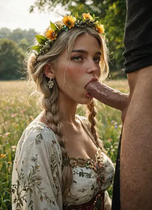 score_9, score_8_up, score_7_up, score_6_up, A traditional Slavic dress with intricate embroidery in red, white, and gold patterns. The outfit includes a long, flowing skirt, a richly decorated blouse with wide sleeves, and a woven belt with geometric designs. The dress is adorned with fine details, such as lace and beadwork. She is wearing a flower crown made of wildflowers and ribbons flowing down her back. The style reflects ancient Slavic culture, with natural materials and bright, vibrant colors, 1girl, 1man, Slavic, blonde, lush hair, curvy braids, beatiful face, blush on the face, braight gray eyes, white tradithional slavic shirt, (in an endless field of wheat), sunlight, detailed background, kinemographic environment, high resolution, blowjob, drool, (erotic:.5), <lora:igbaddie-XL:1>