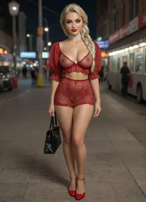 Full body view from afar distance, city, night, living public outdoor near restaurant, handbag, red stiletto heels, lace black stockings, unbuttoned white transparent blouse, slim body woman, (Princess Elsa), (Frozen), smile face, see the breast through the red fishnet top, fishnet transparent Allurite Rhinestone Studded tight red top, natural sagging breasts apart, medium breasts, glamour, red lips, highly detailed skin, high realism, red lipstick on mouth with black lips contour, eyebrows drawn, makeup, Sharp nose, Big eyes, Busty lips, bimbo fake lips, Makeup, blush, eyeliner, black eyeshadow, very long false eyelashes, heavy make up, beautiful woman 30 years, stunningly beautiful woman, white woman, white diamond choker, gold hoop earrings, tanned skin, view from front, hard nipples, (see-through very short black pencil fishnet skirt), (visible extreme hyper hairy pussy), (ultra, HD, quality, details), (green, eyes), seethru, seethroughol, seethrougholback, <lora:seethruv3_SDXL:2>, <lora:SeeThroughOLXLv2:2>, <lora:detailed_notrigger:2>