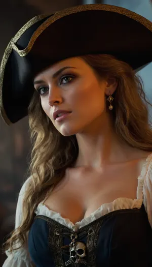 ((Elizabeth swann)), Pirates of the carribean, (skull pirate hat), hyper realistic face, detailed face, female pirate queen, hero view, action pose, extremely beautiful detailed piercing eyes, cinematic scene, scenery, detailed background, masterpiece, best quality, high quality, absurdres, very detailed, high resolution, sharp, sharp image, 8k, vivid, colorful, pir4t4, breasts, cutout, clothing, nipples