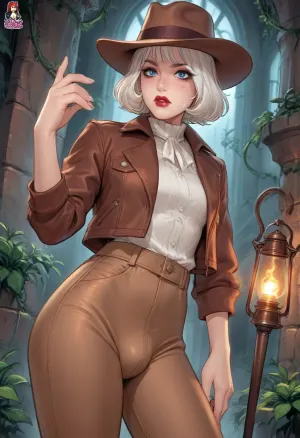solo, femboy, futa, white hair, short hair cut, red lipstick, eyeshadow, long eyelashes, lot of freckles, angry, cute adventurer like Indiana Jones, brown leather jacket, fedora, brown leather pants, ((bulge)), lasso on side of pants, standing in mysterious glowing ruin, vines and statues around, dramatic torch light, (reiq style, in artstyle of Melkor Mancin), score_9, score_8_up, score_7_up, <lora:cartoon_stickers_xl_v1:.8>, <lora:ratatatat74-000050:1.3>