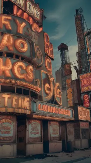 an abandoned fairground in New York City NYCNinetiesNadir, cinematic lighting, film grain, <lora:NYCNinetiesNadir:.5>